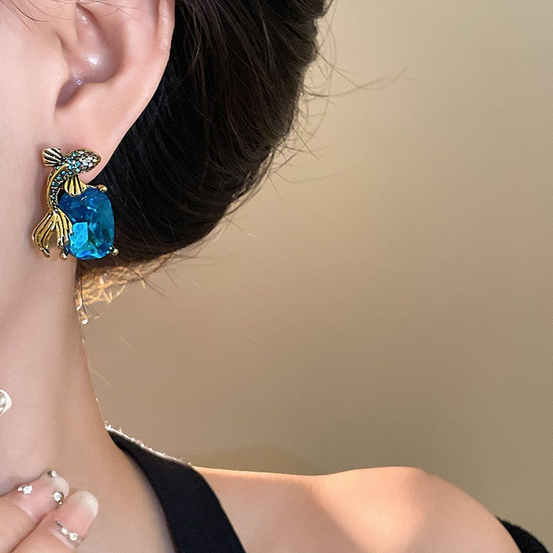Classy Blue Gemstone Fish Earrings