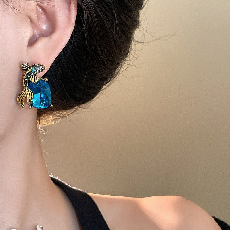 Classy Blue Gemstone Fish Earrings