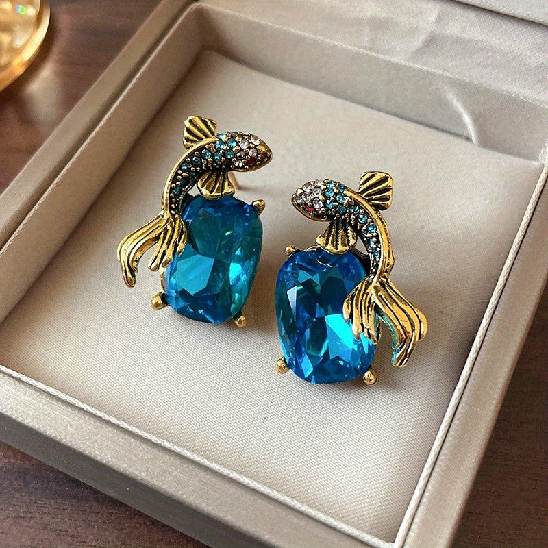 Classy Blue Gemstone Fish Earrings