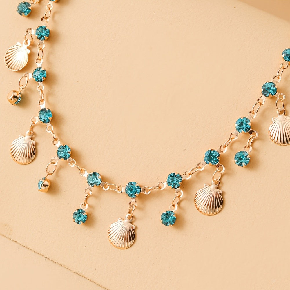 Boho Blue Rhinestone Shell Anklet
