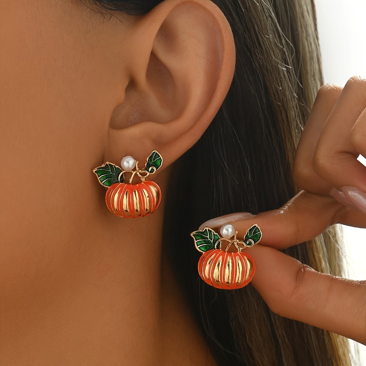 Dainty Enamel Pumpkin Pearl Stud Earrings
