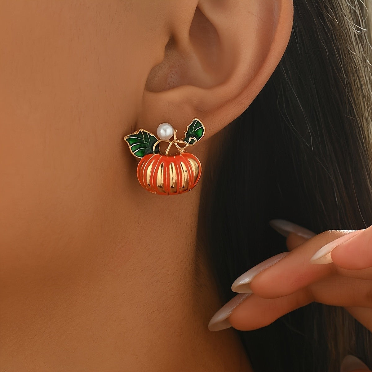 Dainty Enamel Pumpkin Pearl Stud Earrings