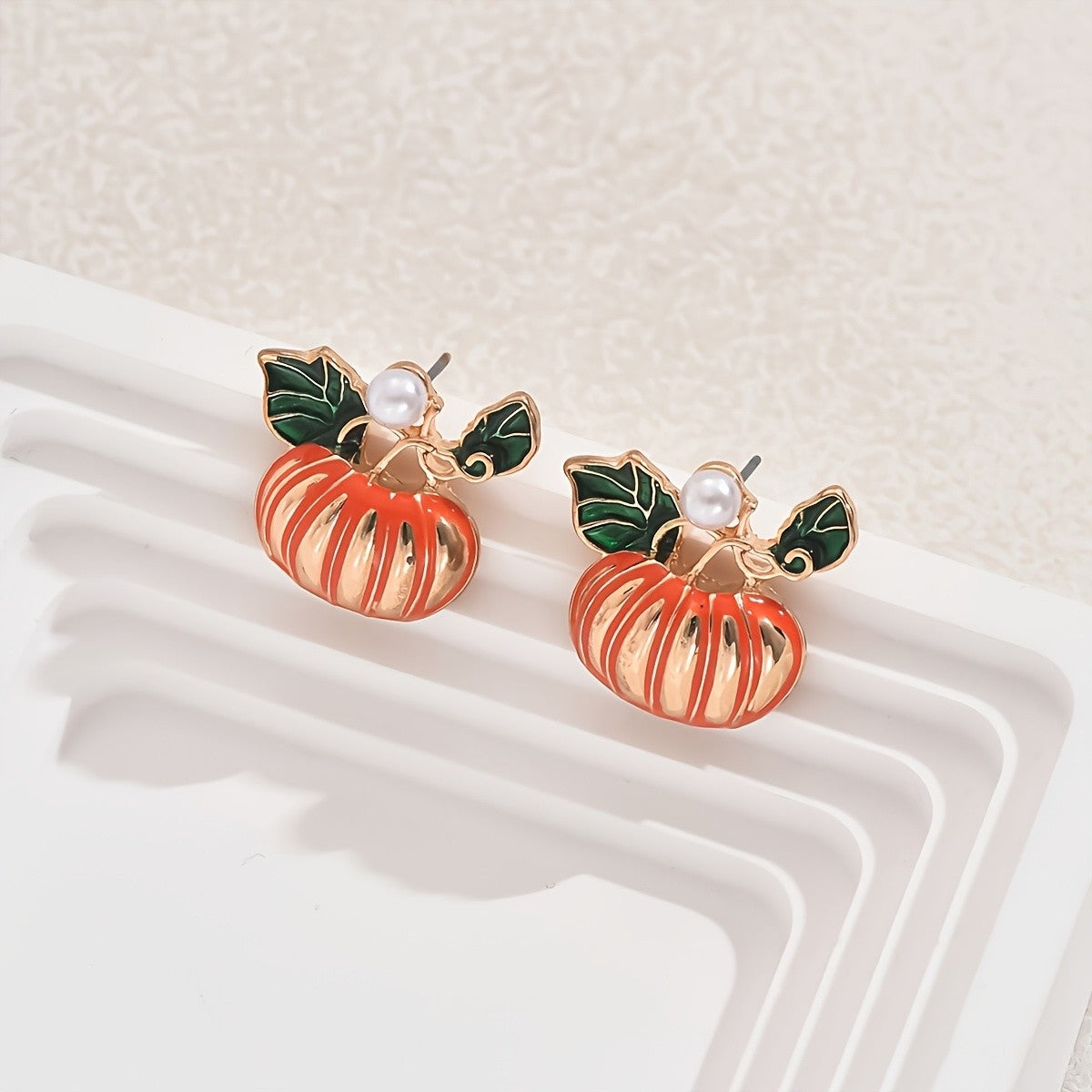 Dainty Enamel Pumpkin Pearl Stud Earrings