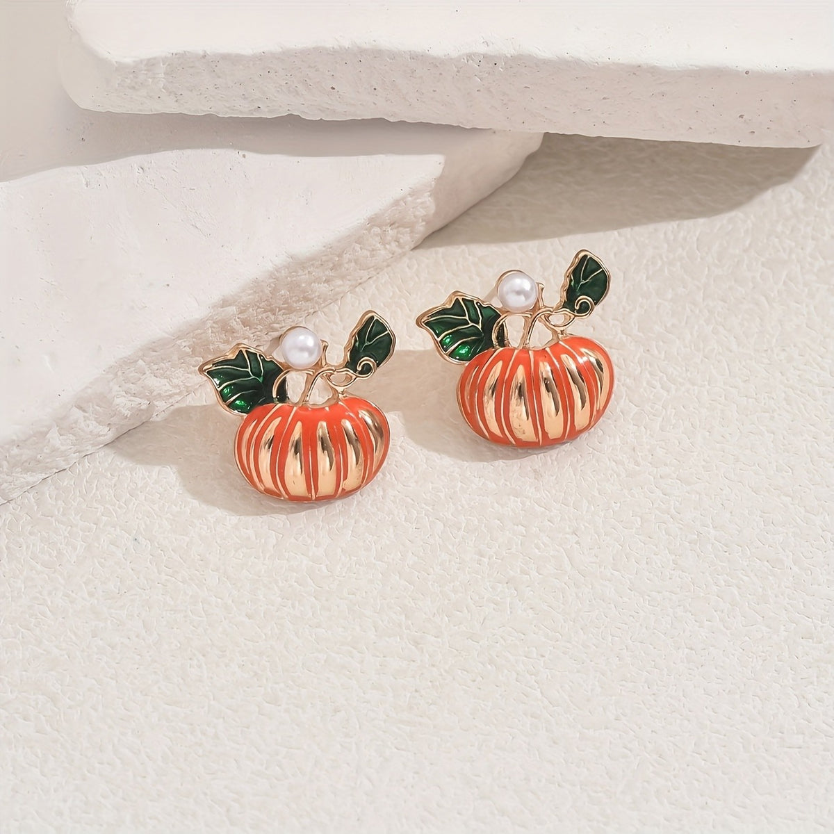 Dainty Enamel Pumpkin Pearl Stud Earrings