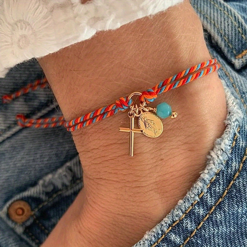 18k Boho Braided Cross Bracelet