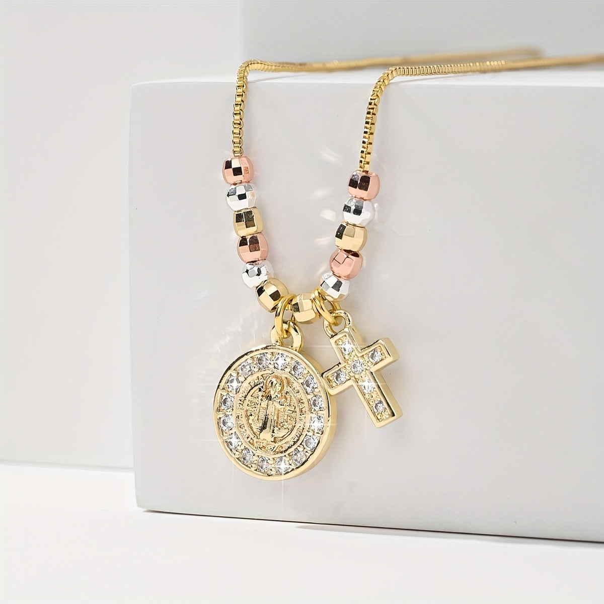 14k Boho Religious Cross Medal Necklace