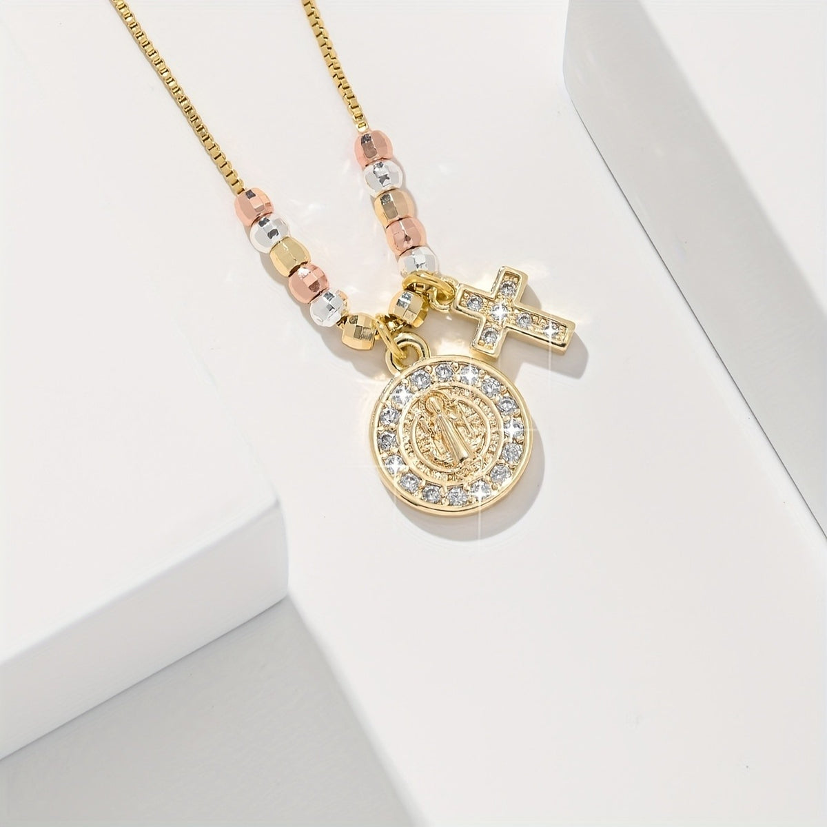 14k Boho Religious Cross Medal Necklace