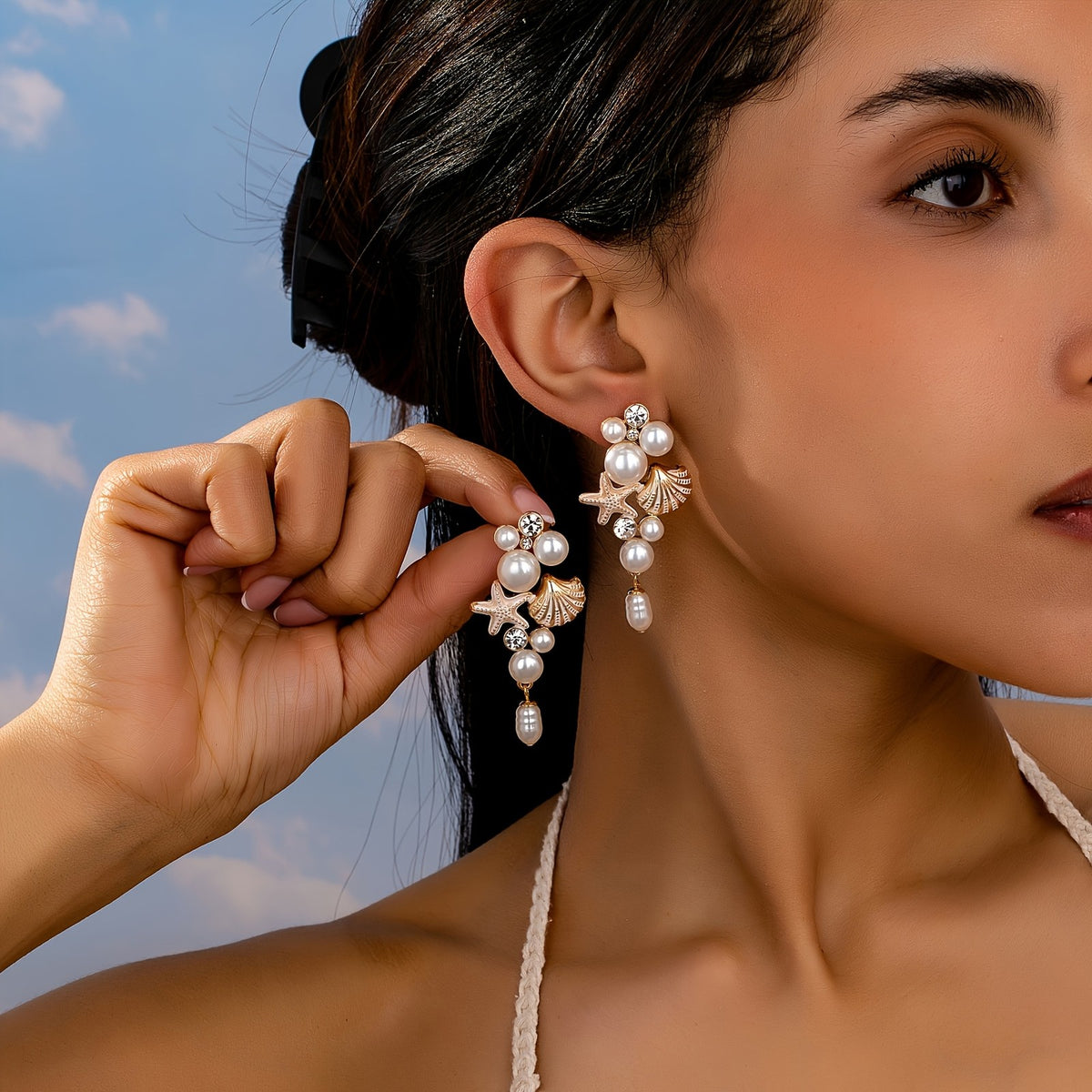 14k Boho Starfish Shell Pearl Earrings