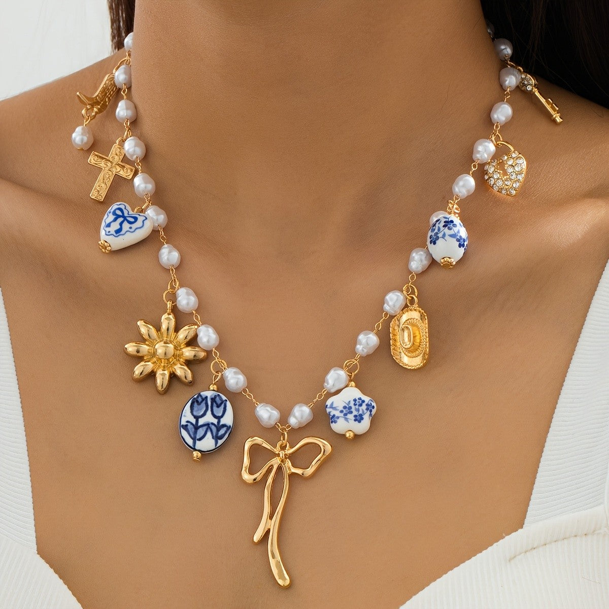 Boho Ceramic Charm Faux Pearl Necklace