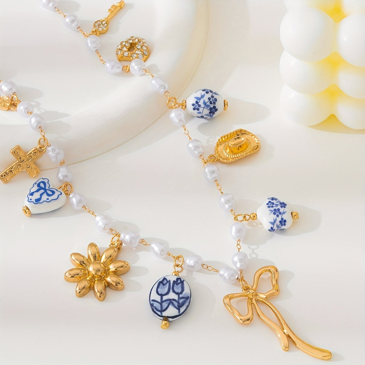 Boho Ceramic Charm Faux Pearl Necklace