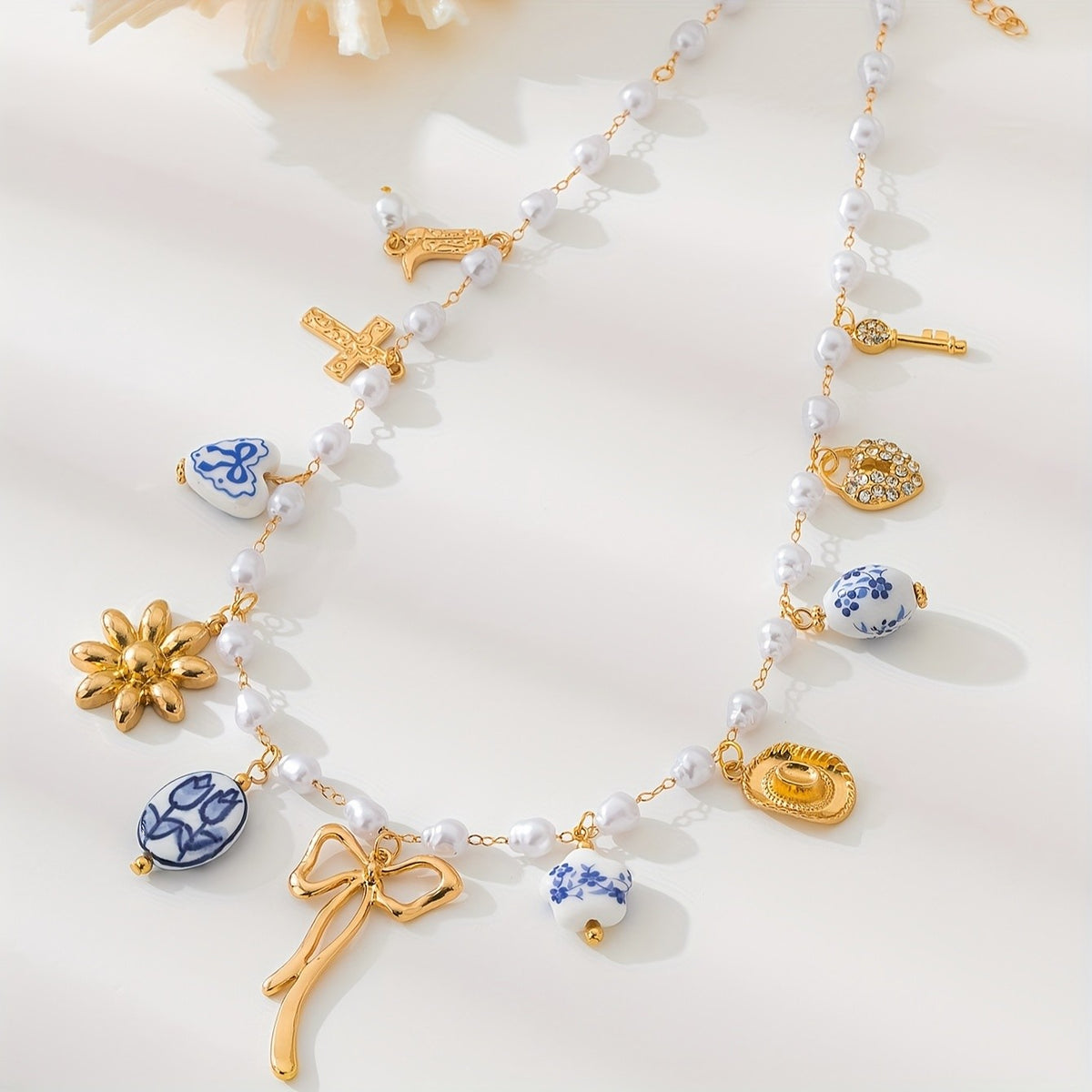 Boho Ceramic Charm Faux Pearl Necklace