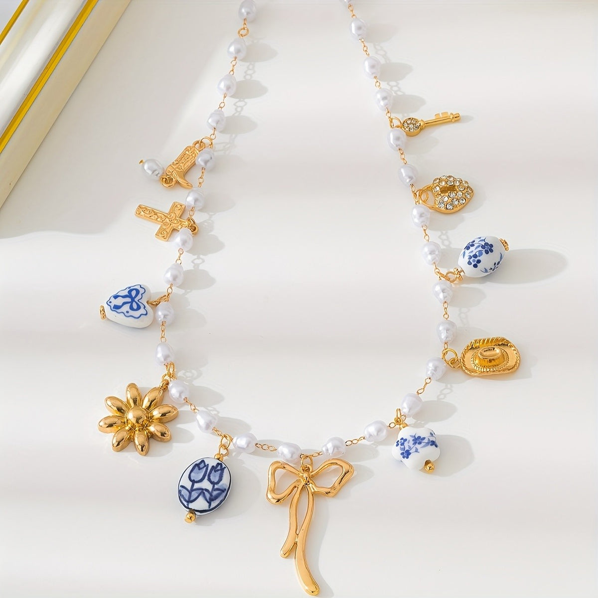 Boho Ceramic Charm Faux Pearl Necklace