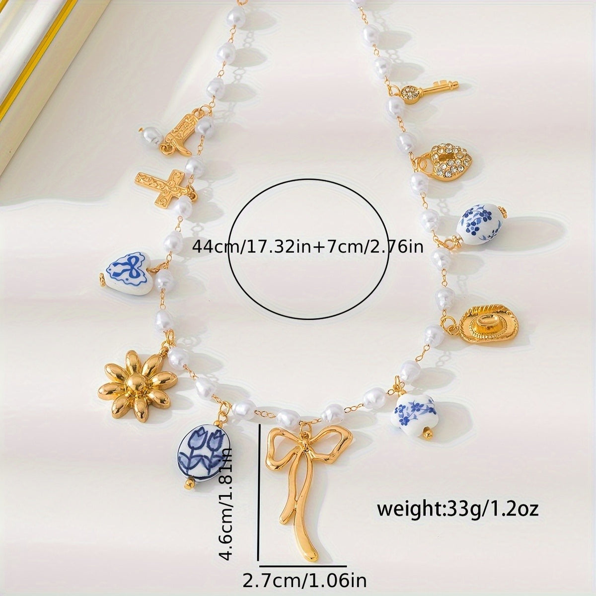 Boho Ceramic Charm Faux Pearl Necklace
