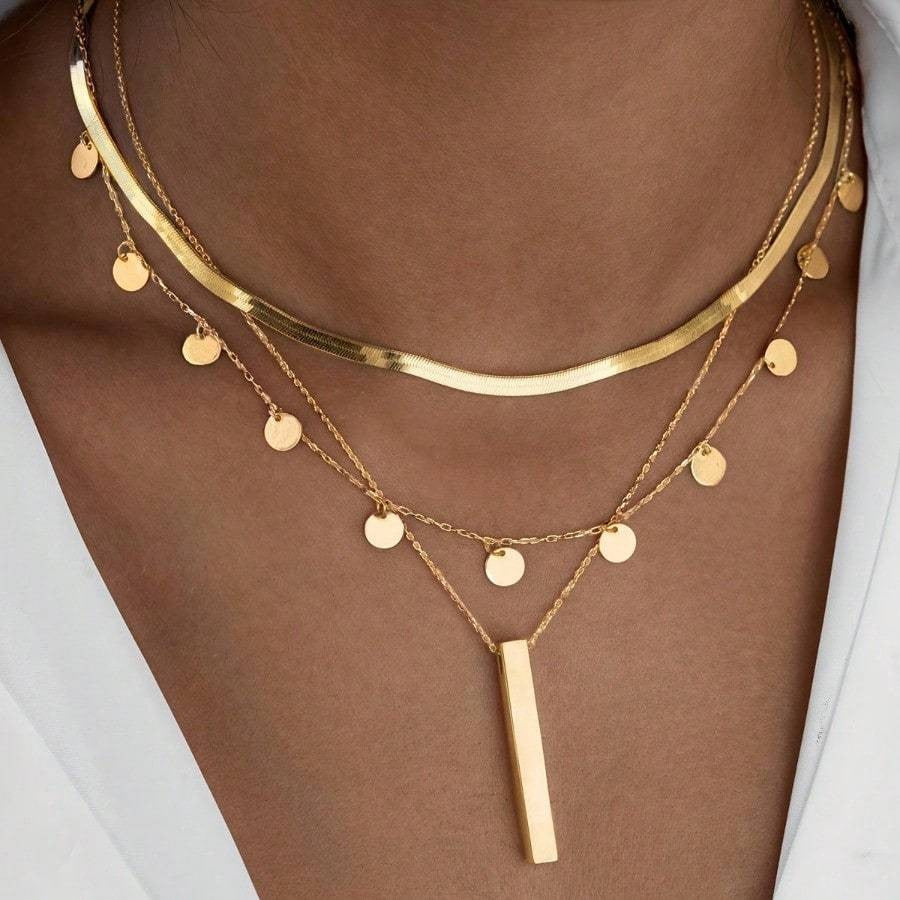 18k Layered Bar and Disc Necklace Set