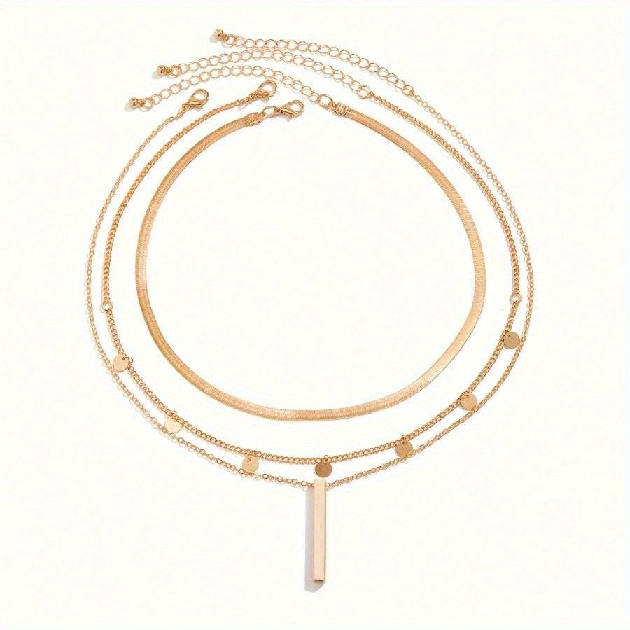 18k Layered Bar and Disc Necklace Set