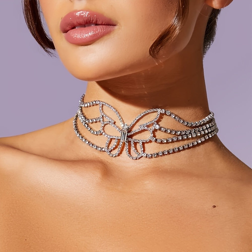 Classy Rhinestone Butterfly Wing Choker Necklace