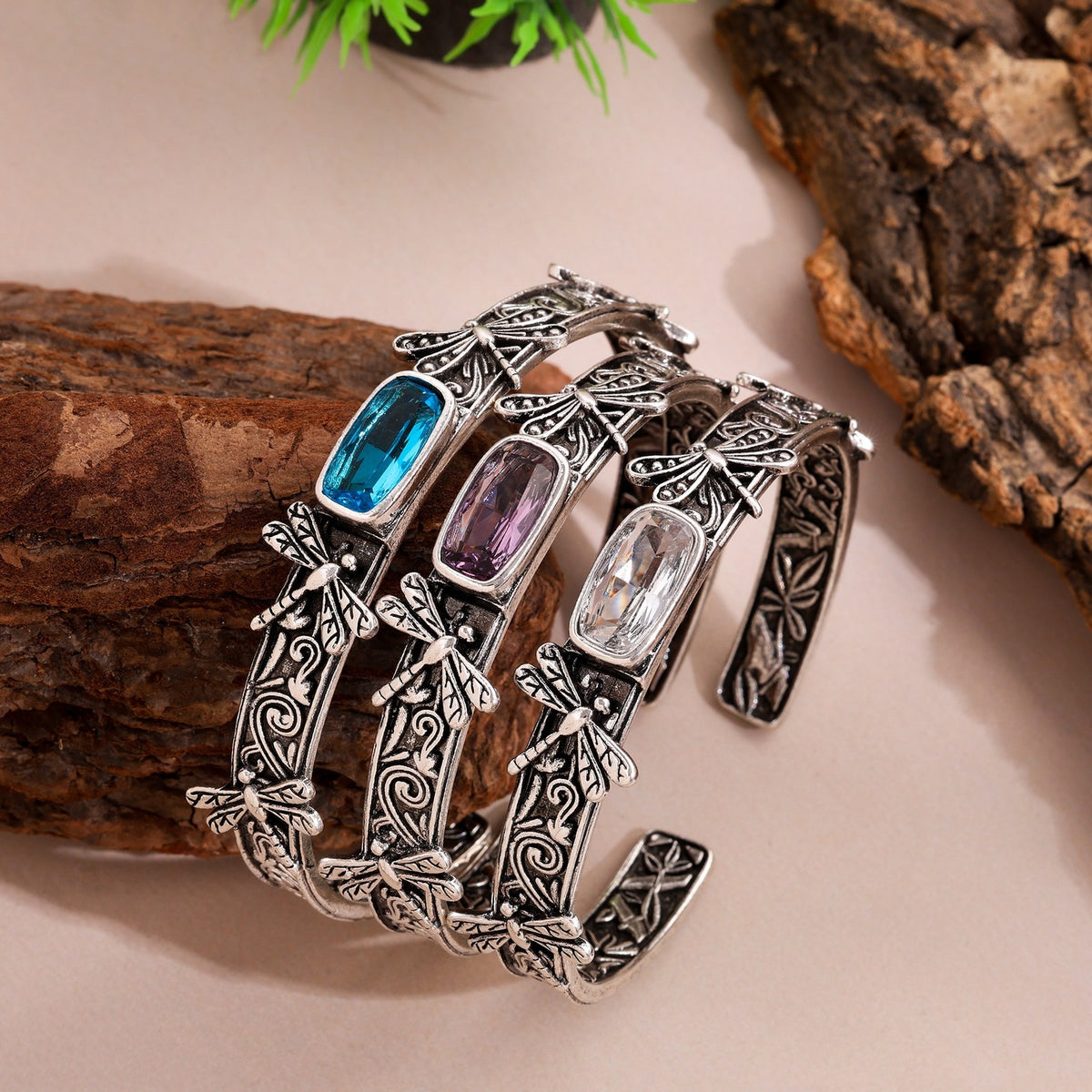 Boho Dragonfly Blue Zircon Open Cuff Bracelet