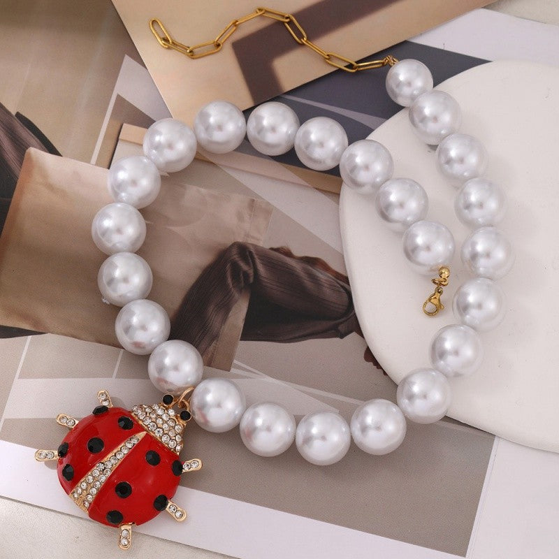 18k Elegant Ladybug Faux Pearl Necklace