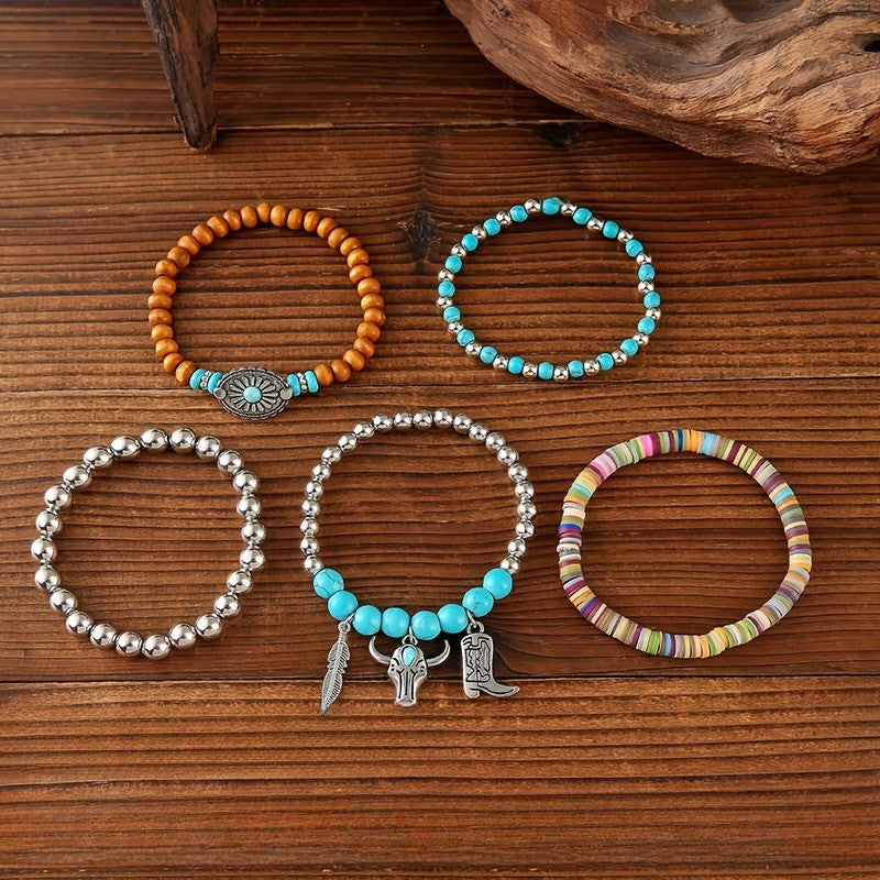 5pc Boho Western Turquoise Bracelet Stack