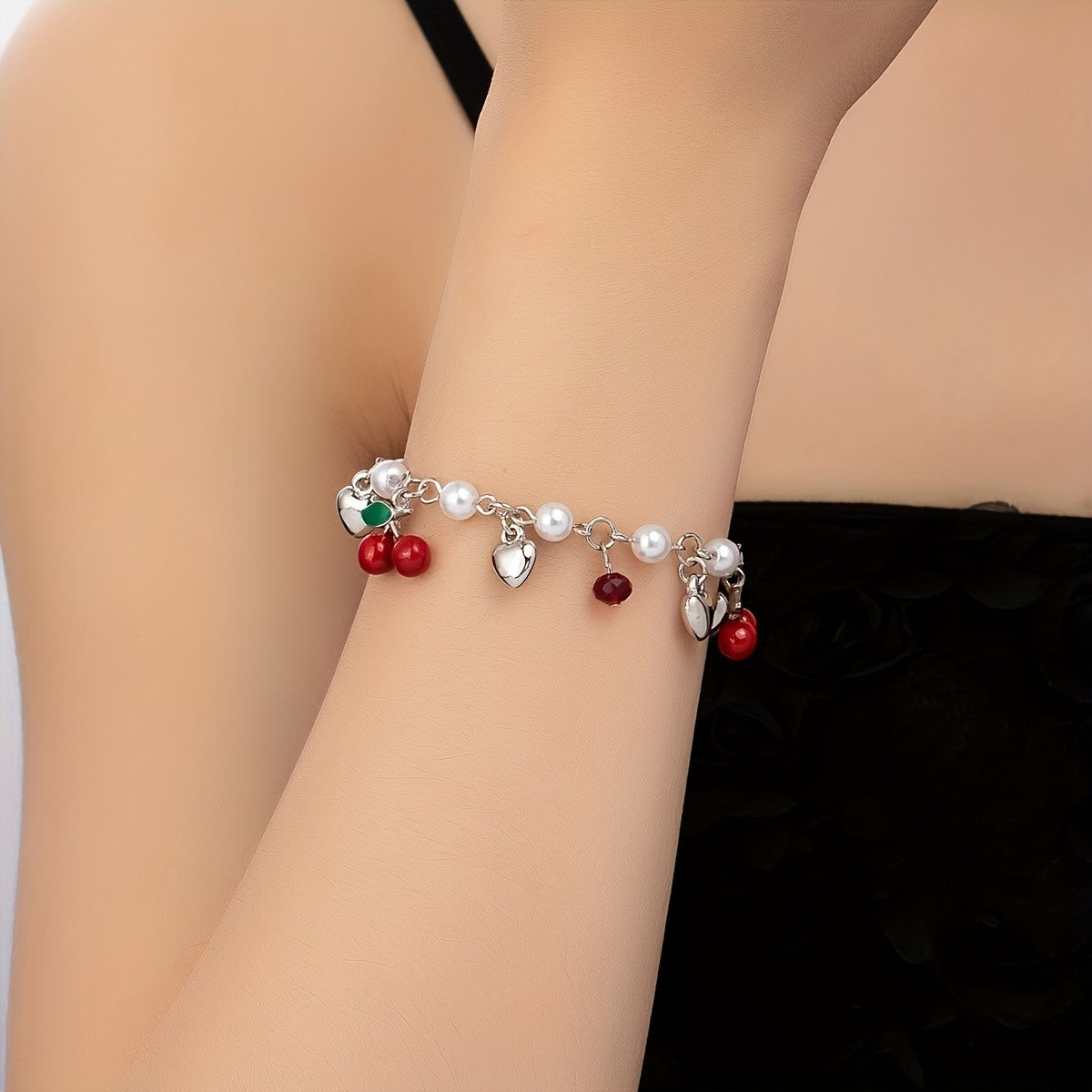 Romantic Pearl and Cherry Charm Bracelet