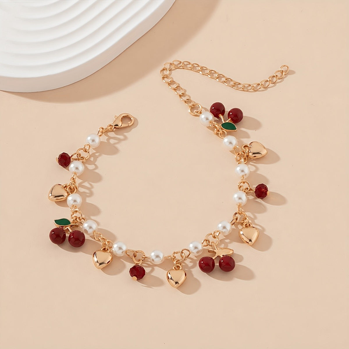 Romantic Pearl and Cherry Charm Bracelet