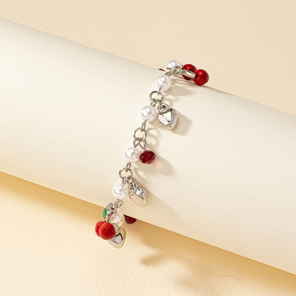Romantic Pearl and Cherry Charm Bracelet