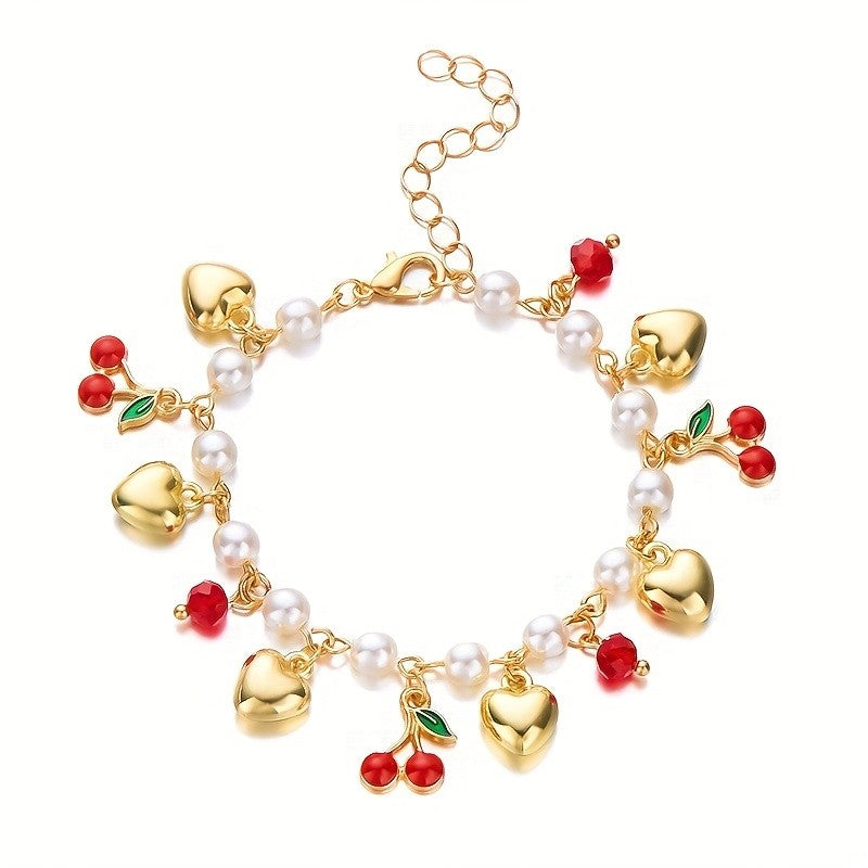 Romantic Pearl and Cherry Charm Bracelet