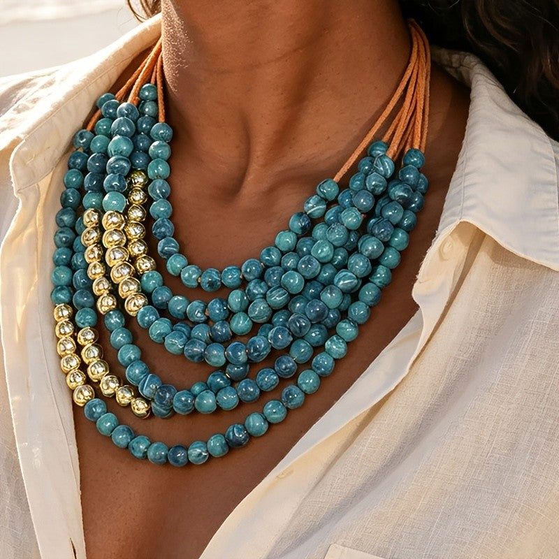 Boho Multi-Strand Marbled Blue Glass Necklace