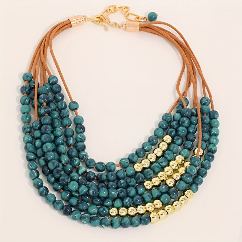 Boho Multi-Strand Marbled Blue Glass Necklace