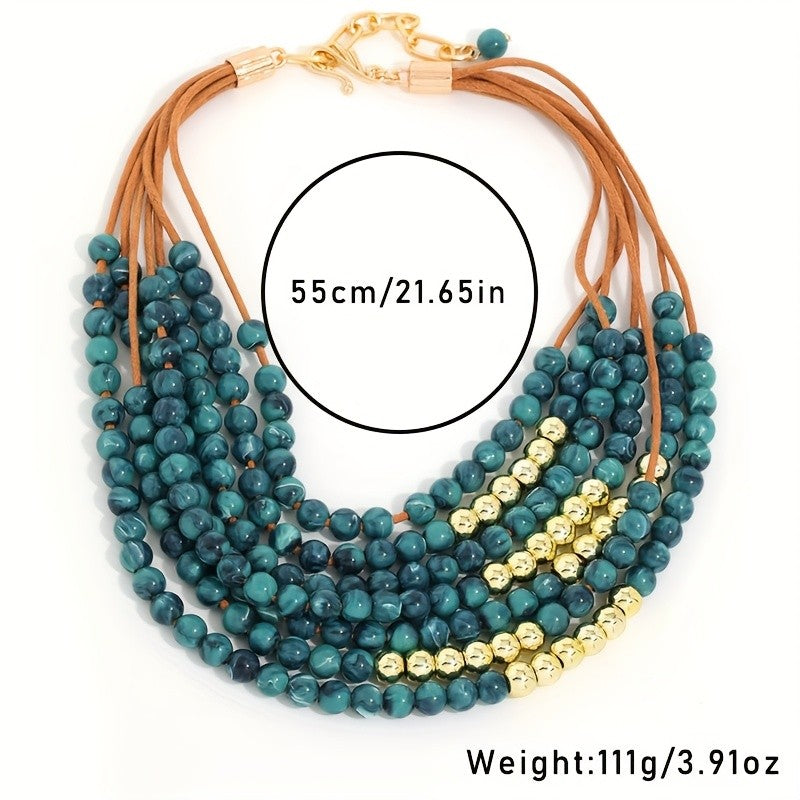 Boho Multi-Strand Marbled Blue Glass Necklace