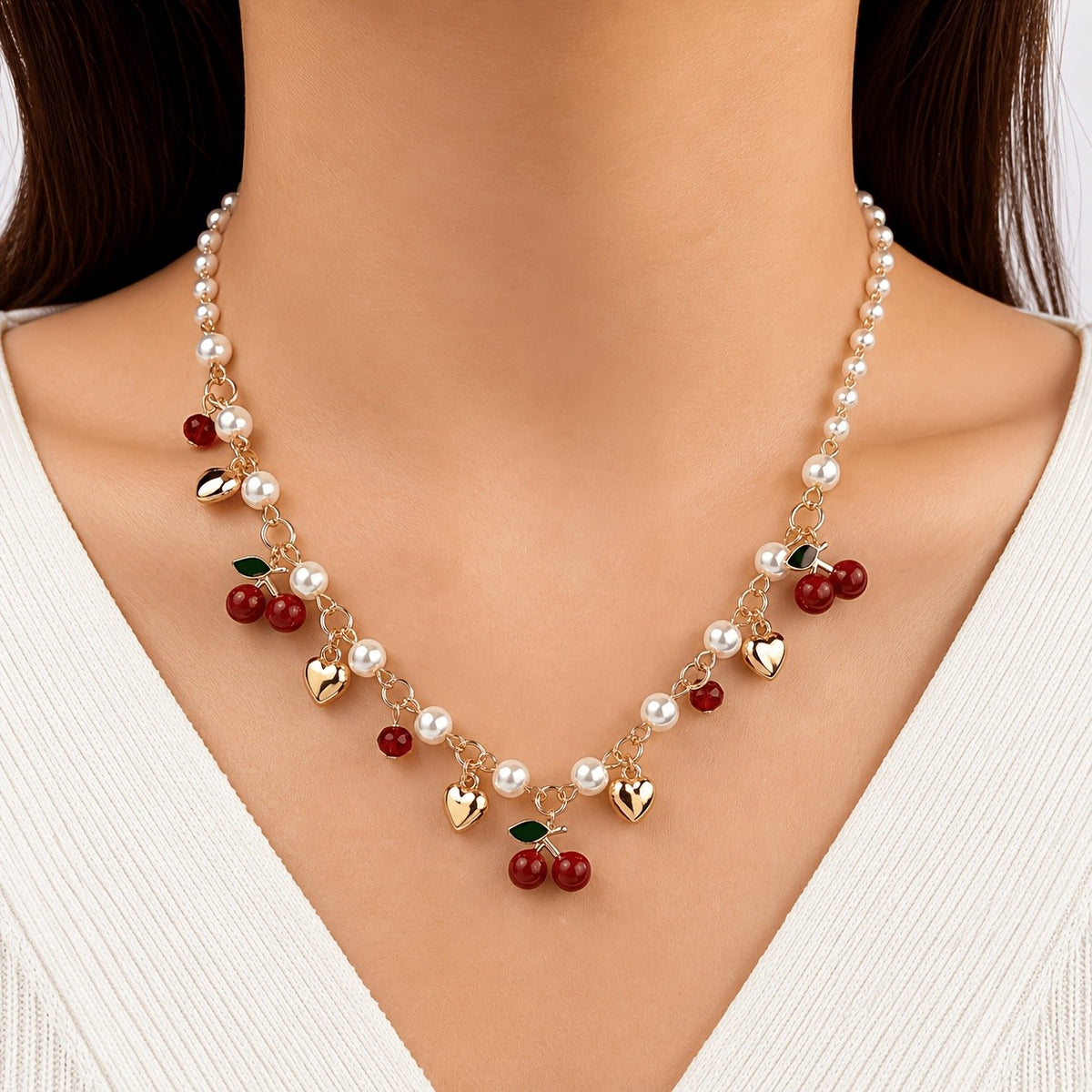 Romantic Pearl Cherry Heart Necklace