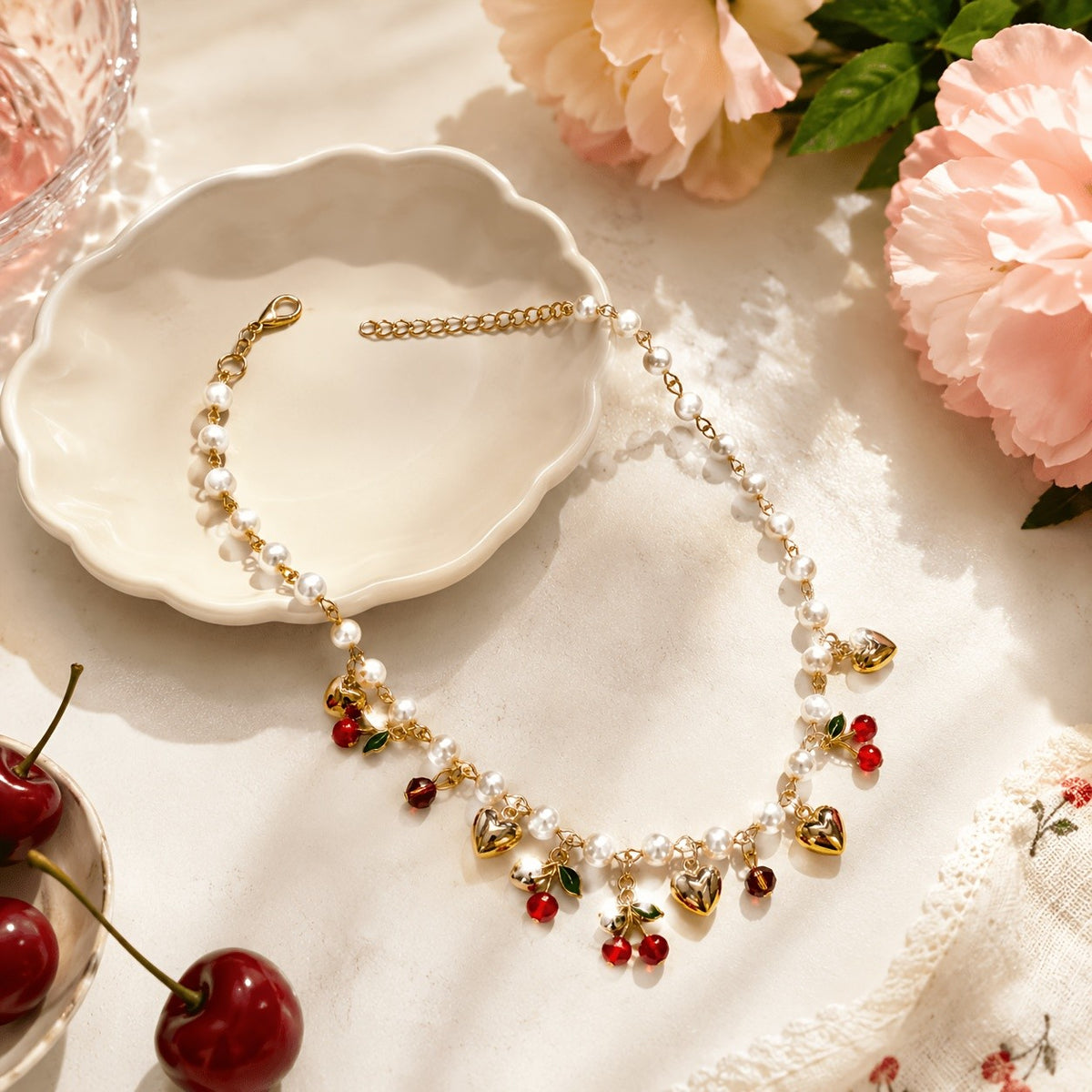 Romantic Pearl Cherry Heart Necklace