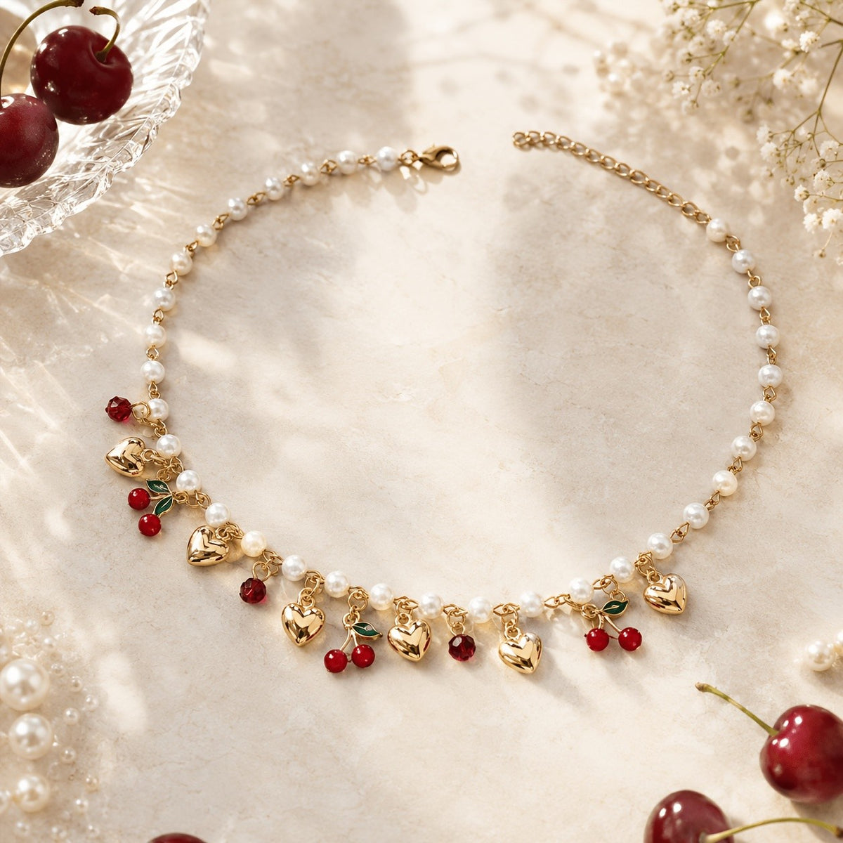 Romantic Pearl Cherry Heart Necklace