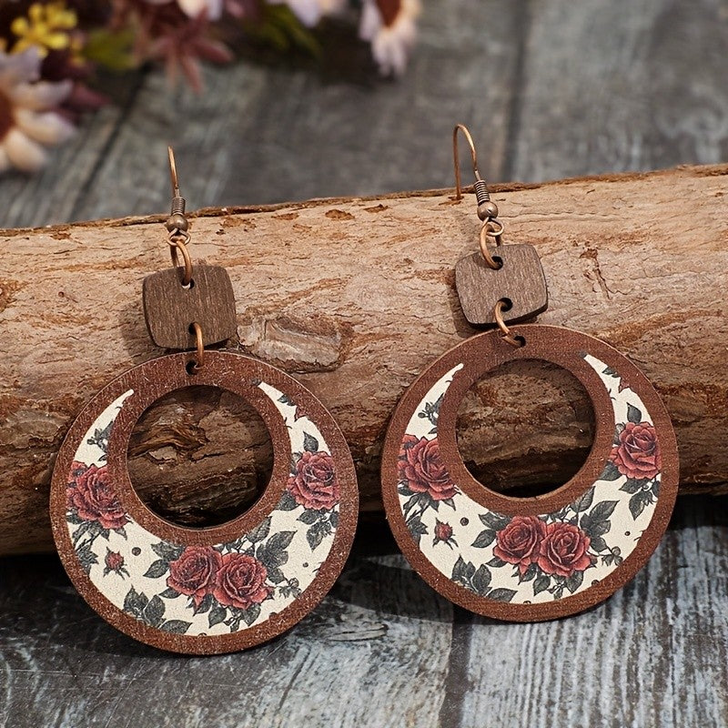 Vintage Rose Wooden Hoop Earrings