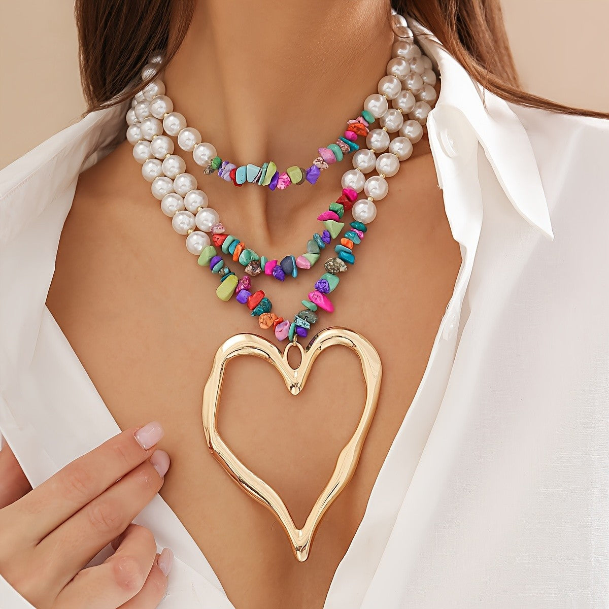 Boho Multi-Layer Pearl Heart Necklace