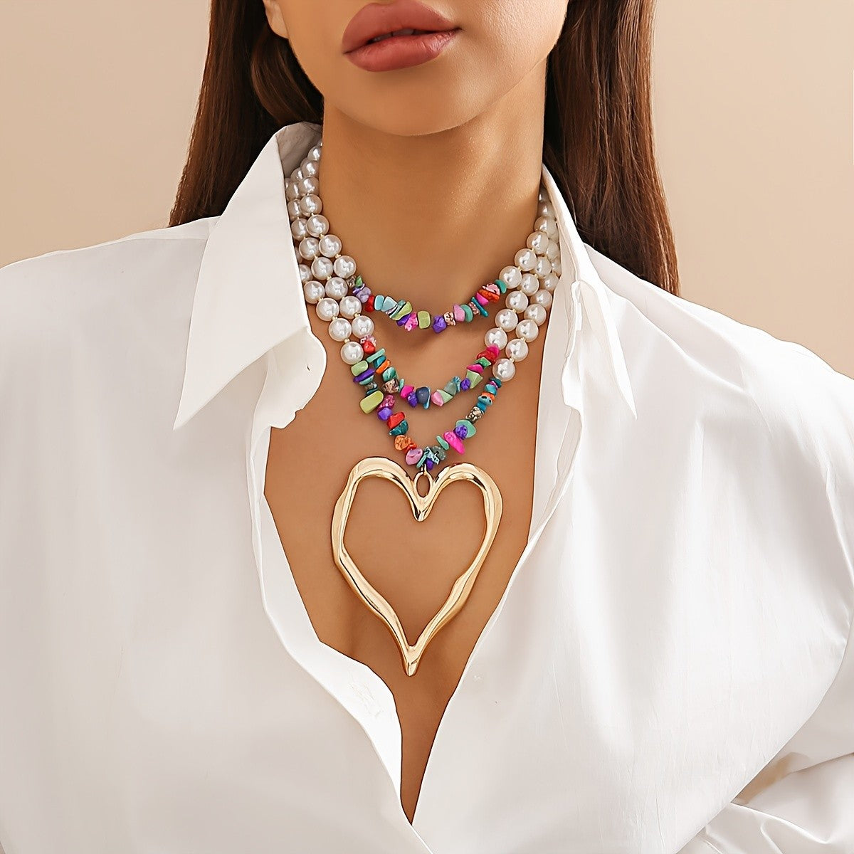 Boho Multi-Layer Pearl Heart Necklace