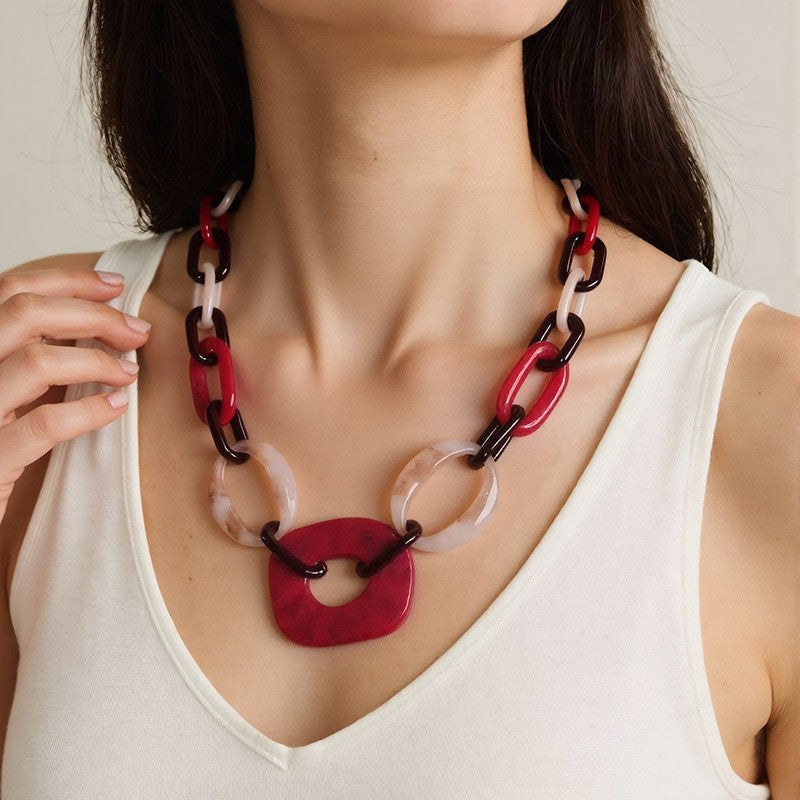 Boho Red Acrylic Link Necklace