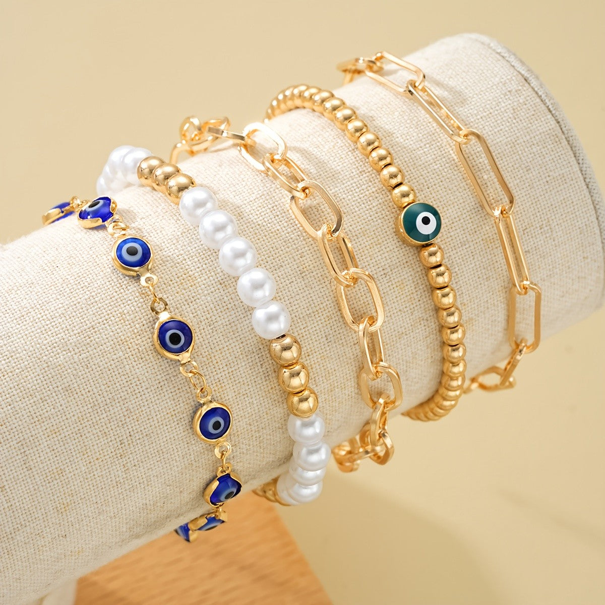 5pc Boho Evil Eye & Pearl Bracelet Set