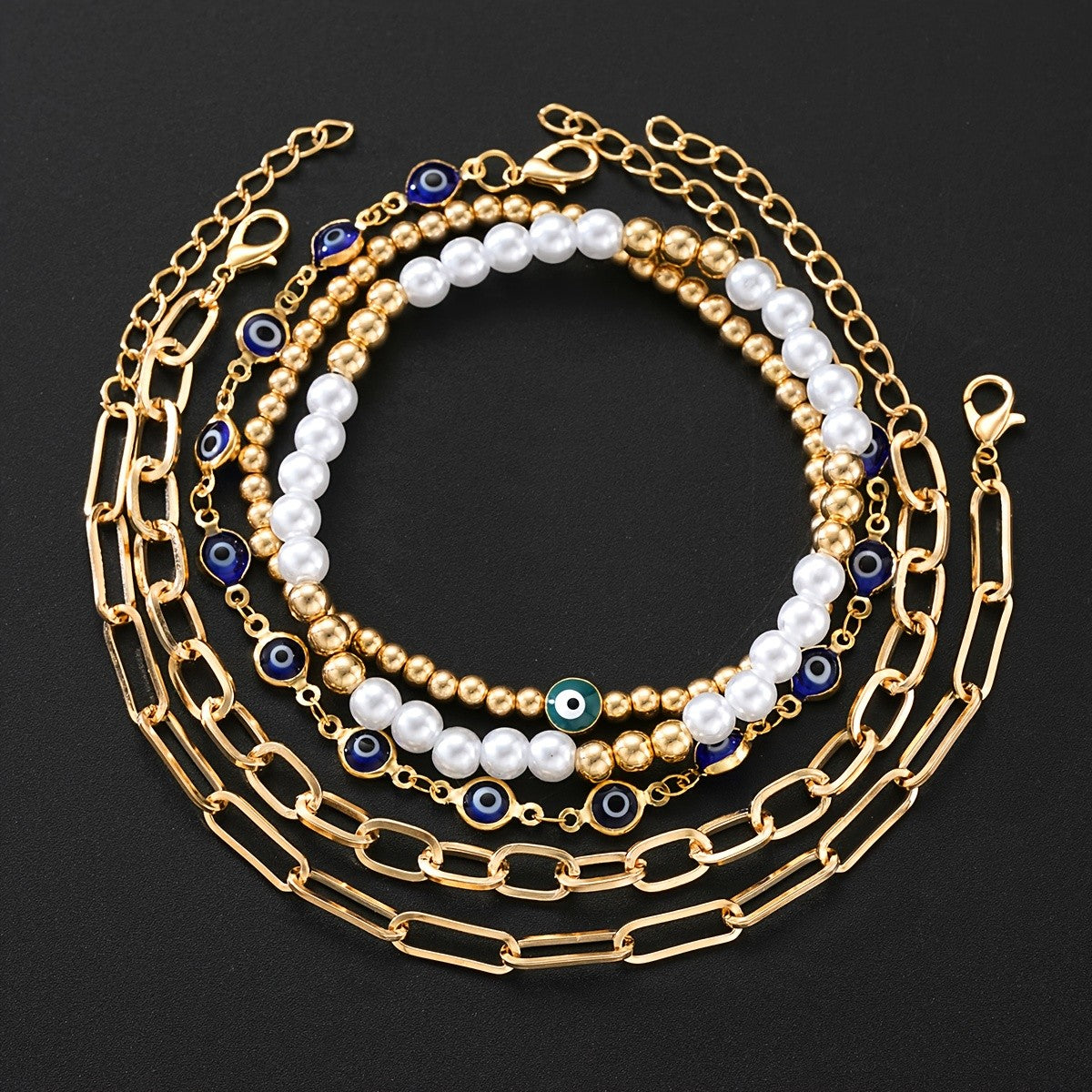 5pc Boho Evil Eye & Pearl Bracelet Set