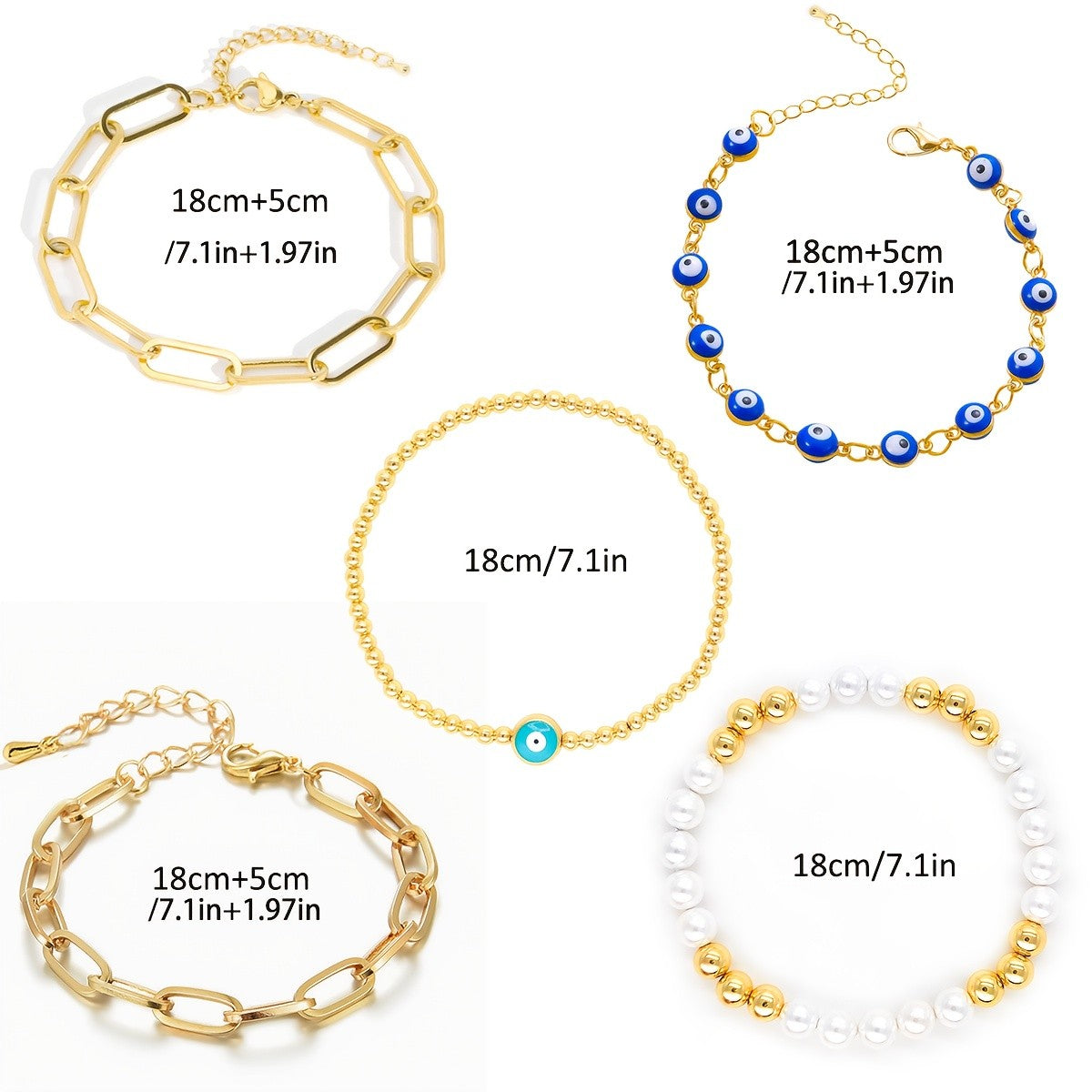 5pc Boho Evil Eye & Pearl Bracelet Set