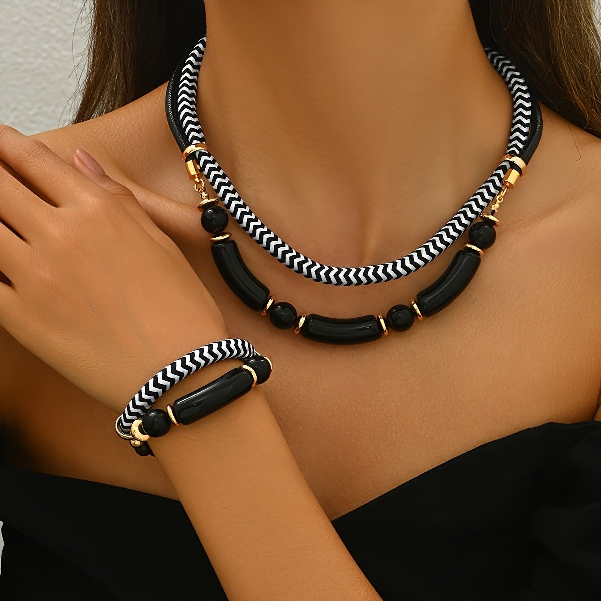 2pc Boho Chevron Resin Necklace & Bracelet Set