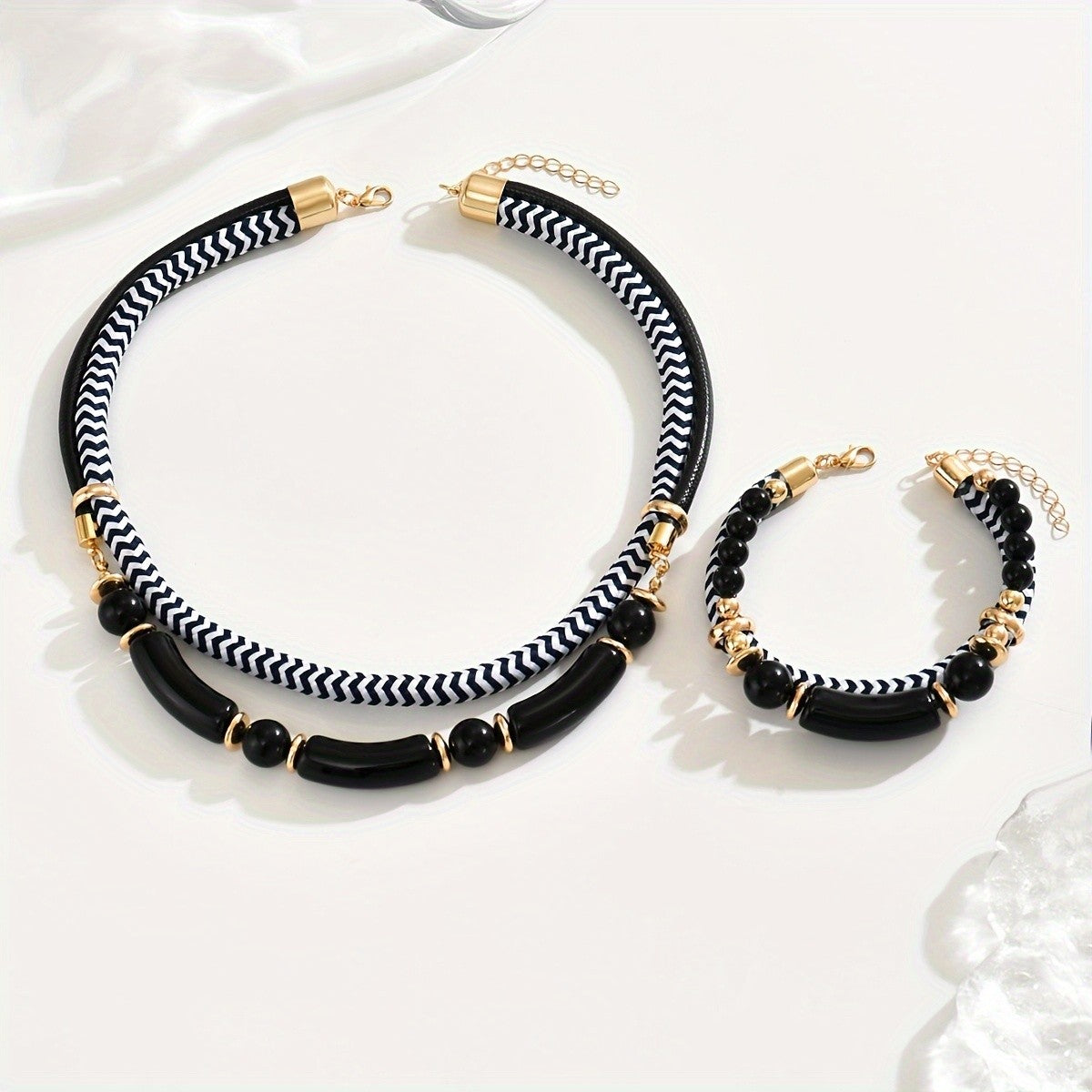 2pc Boho Chevron Resin Necklace & Bracelet Set