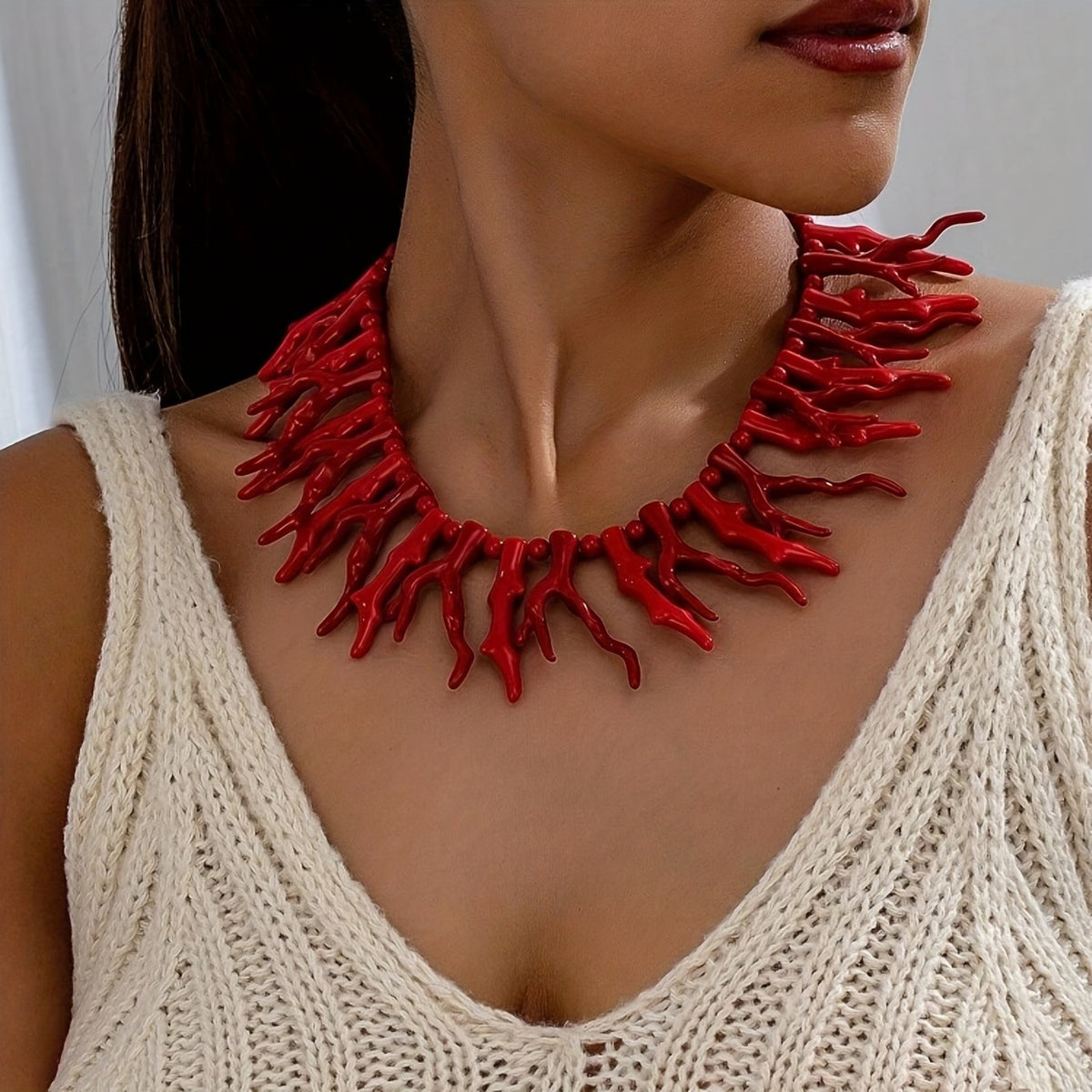 Boho Red Coral Branch Statement Necklace