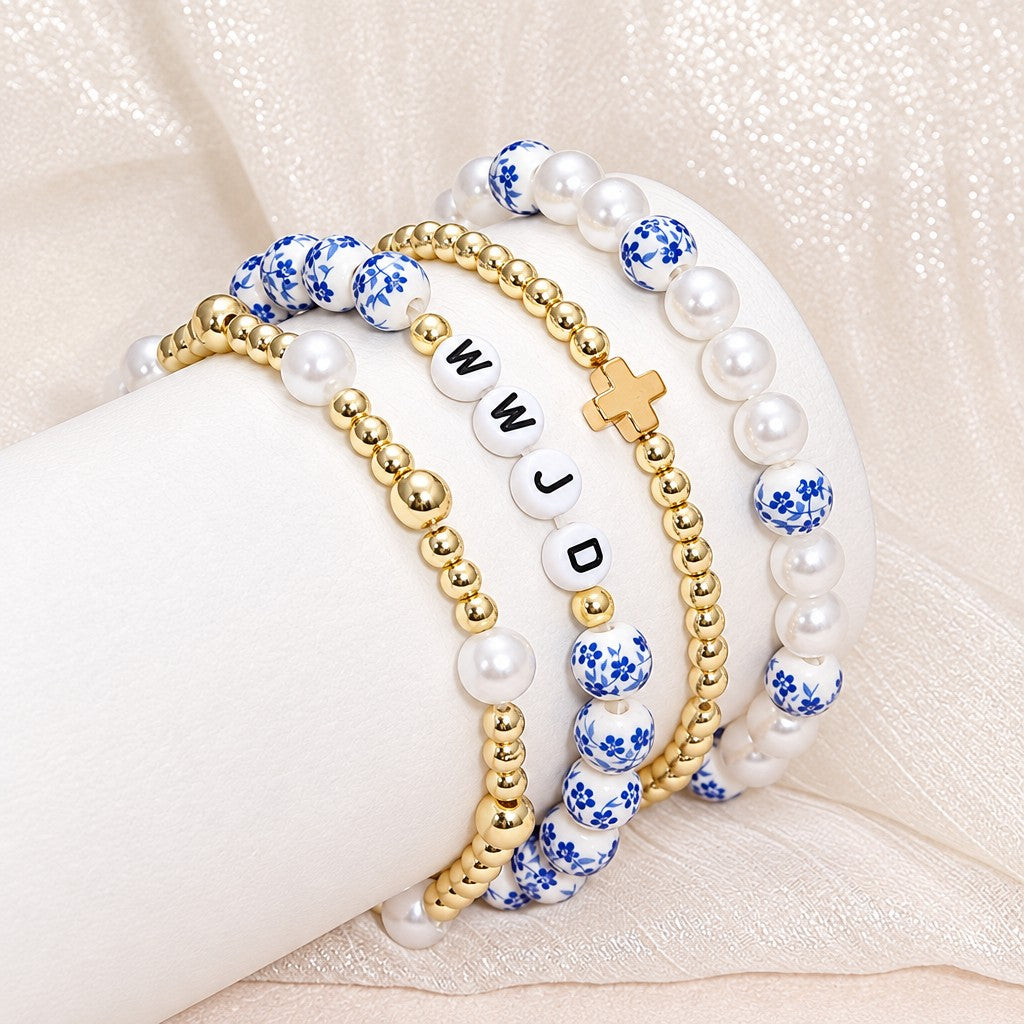 4pc Boho Blue Floral Faux Pearl Bracelet Set