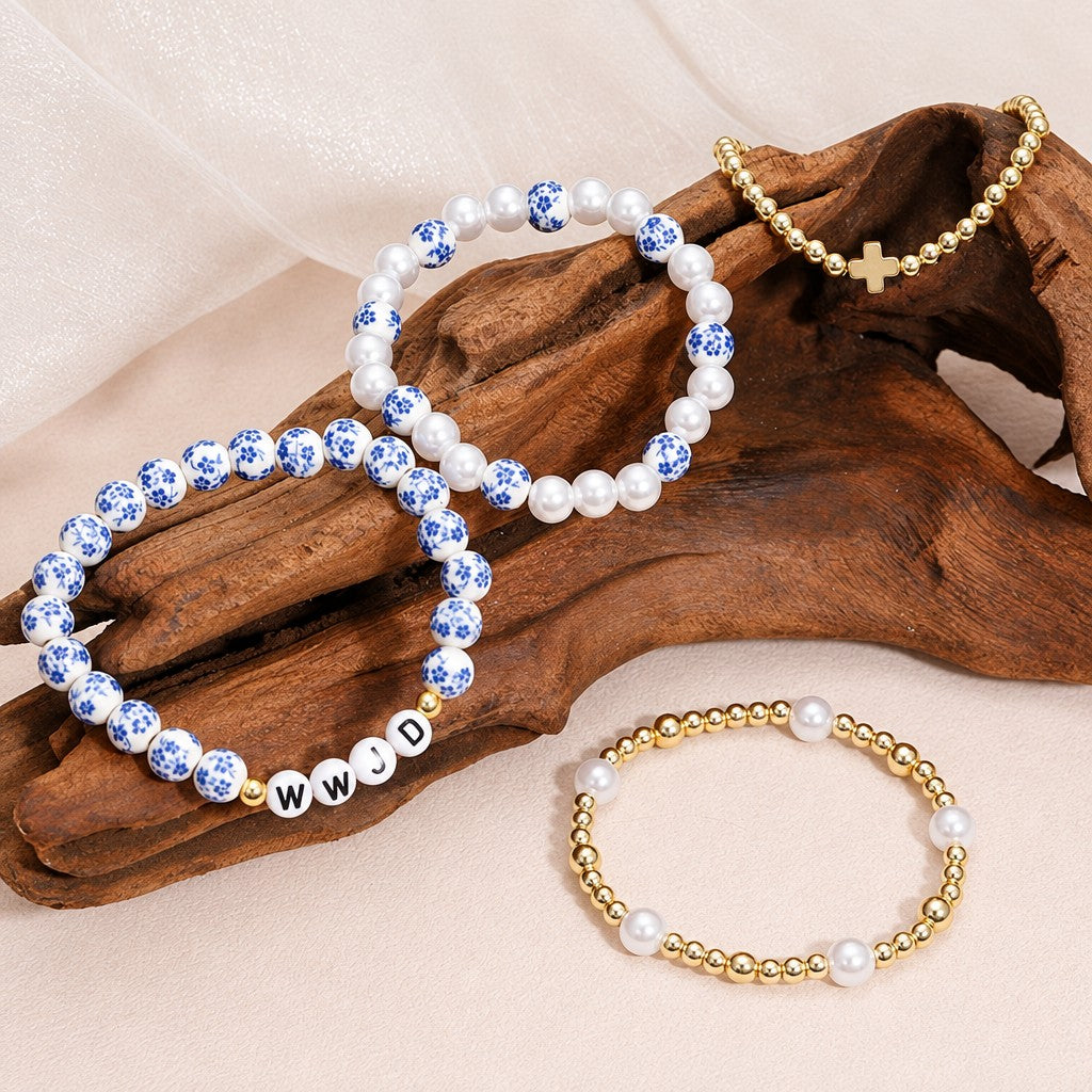 4pc Boho Blue Floral Faux Pearl Bracelet Set