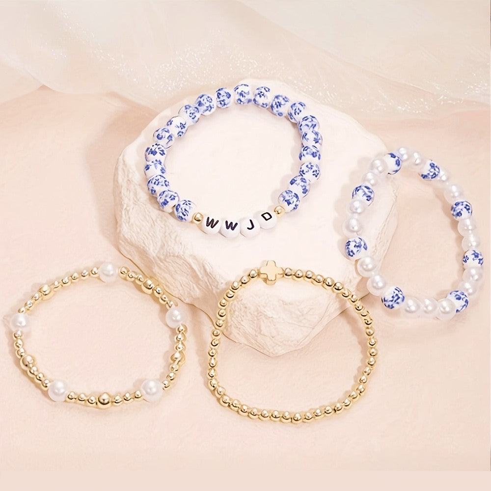 4pc Boho Blue Floral Faux Pearl Bracelet Set