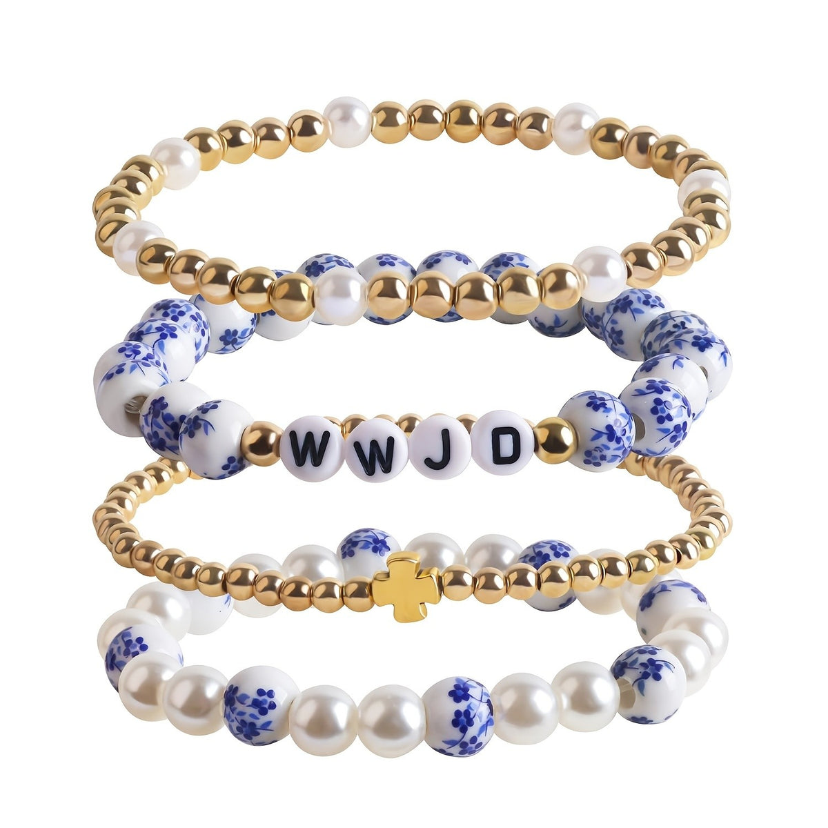 4pc Boho Blue Floral Faux Pearl Bracelet Set