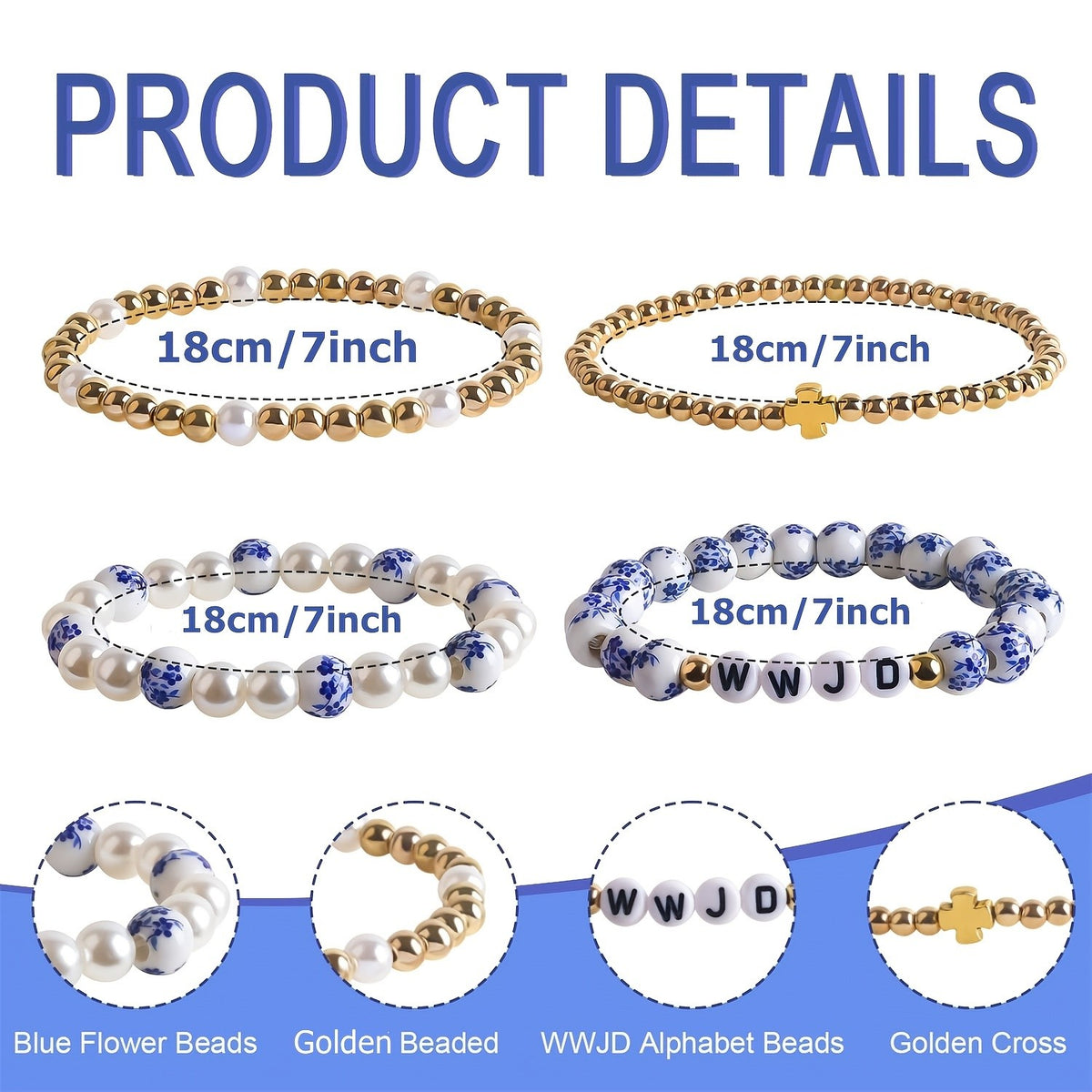 4pc Boho Blue Floral Faux Pearl Bracelet Set