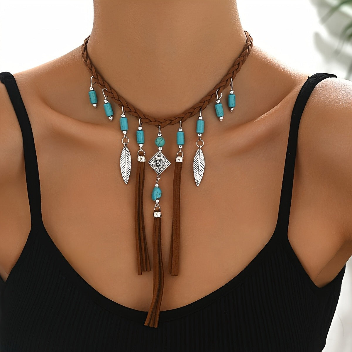 Boho Turquoise Leaf Tassel Choker Necklace