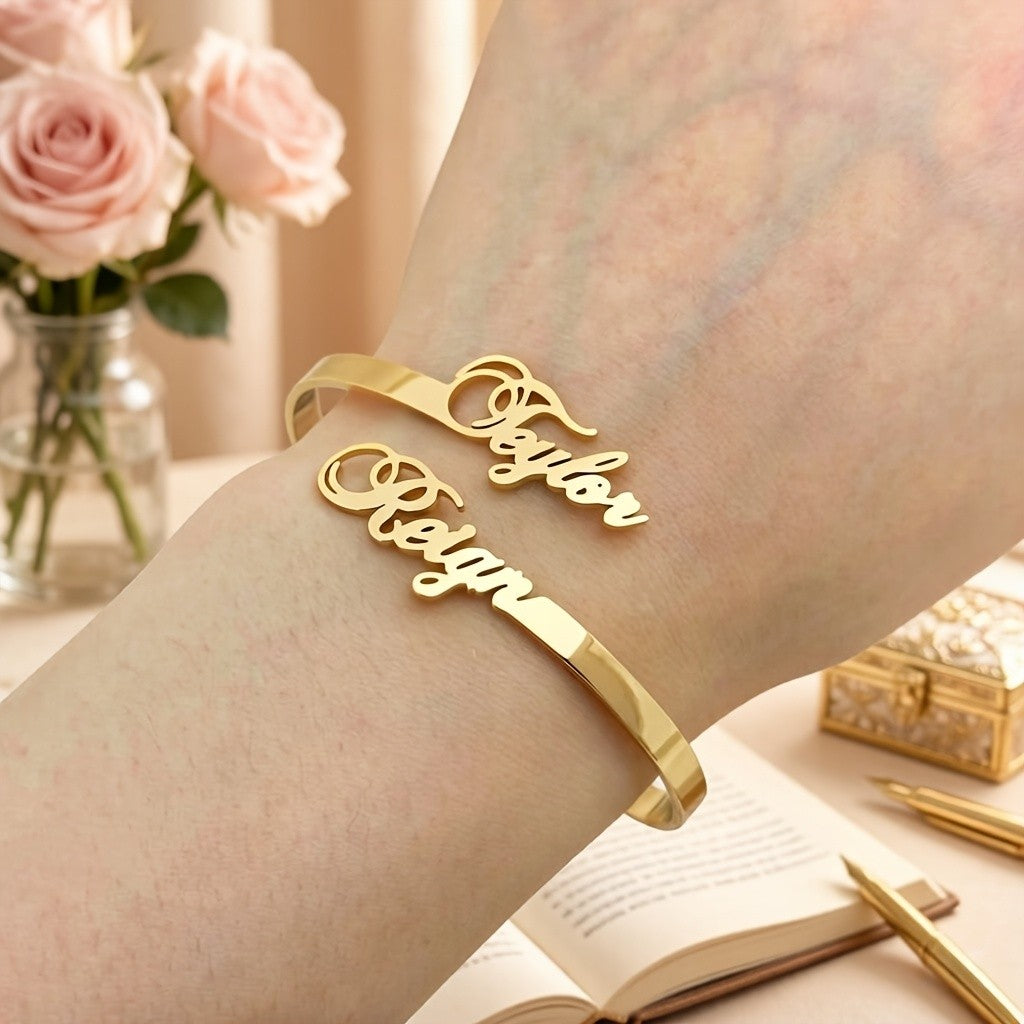 Classy Double Name Script Bangle Bracelet
